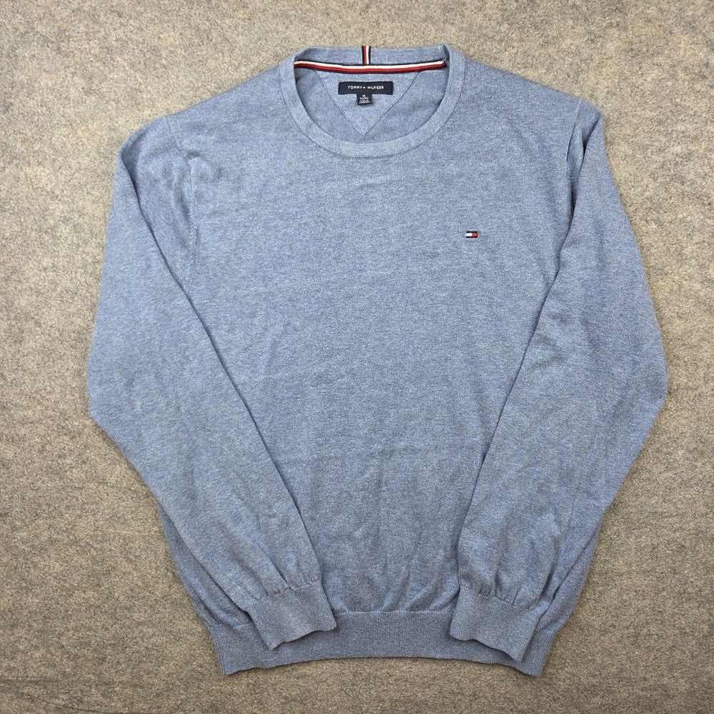 Tommy Hilfiger Sweater Mens XL Blue 100% Cotton Crewneck Knit Pullover Casual